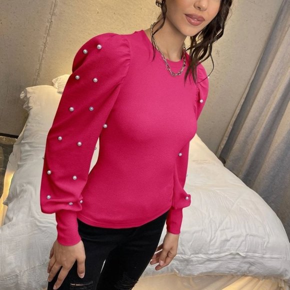 Pearl Beaded Puff Sleeve Top Hot Pink - Picture 3 of 5